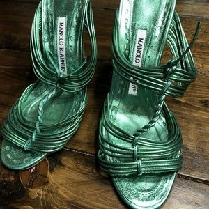 MANOLO BLAHNIK Green Metallic Strapy Heels Size 36